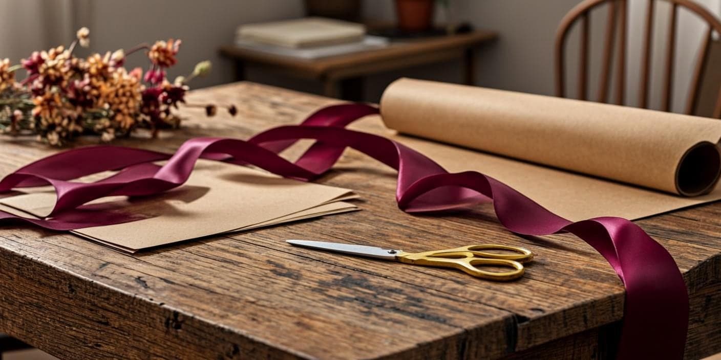 Fresh blooms laid out on the wrapping bench, waiting to be arranged