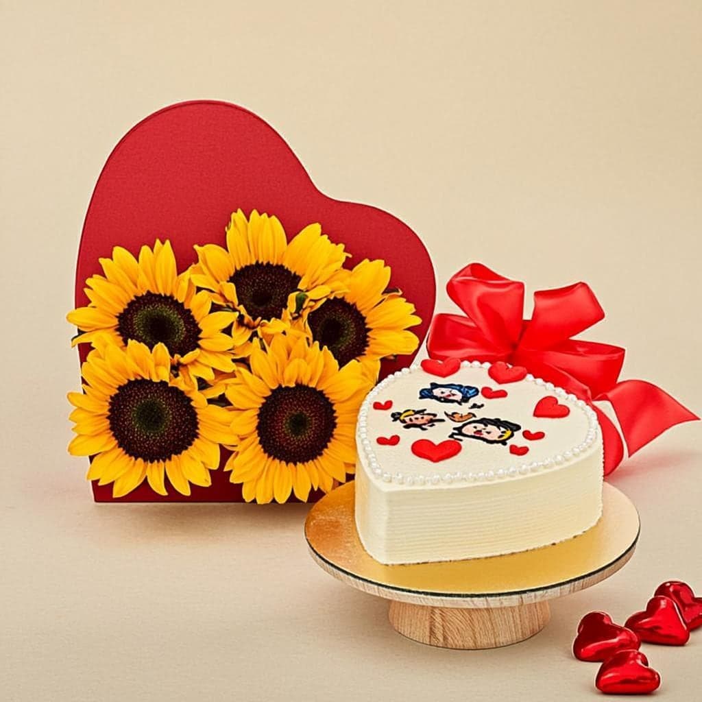 Sunflower Bouquet & Heart Cake Combo — Gift Delivery Kathmandu